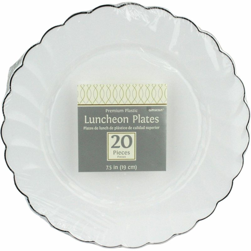 Plates, Platters & Bowls | White With Scalloped Silver Trim Plastic Plates 19Cm (Pack Of 20) Catering & Kitchen Plates, Platters & Bowls