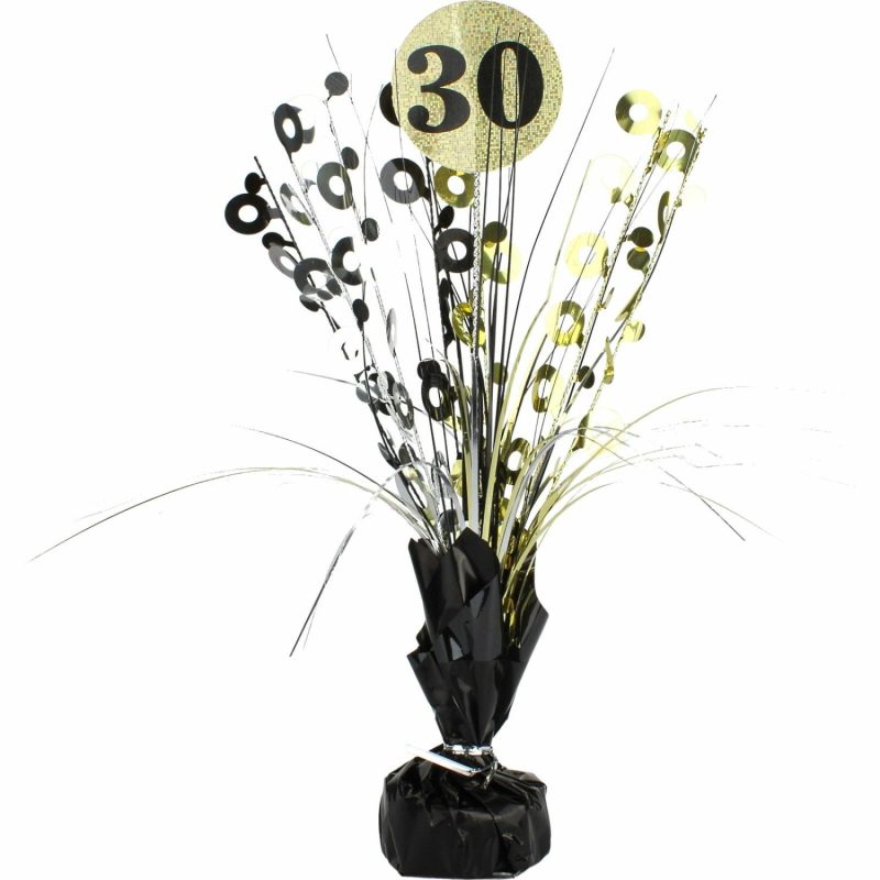 Weights, Sticks & Accessories | Prismatic Black And Gold 30Th Birthday Spray Centrepiece Balloons Weights, Sticks & Accessories