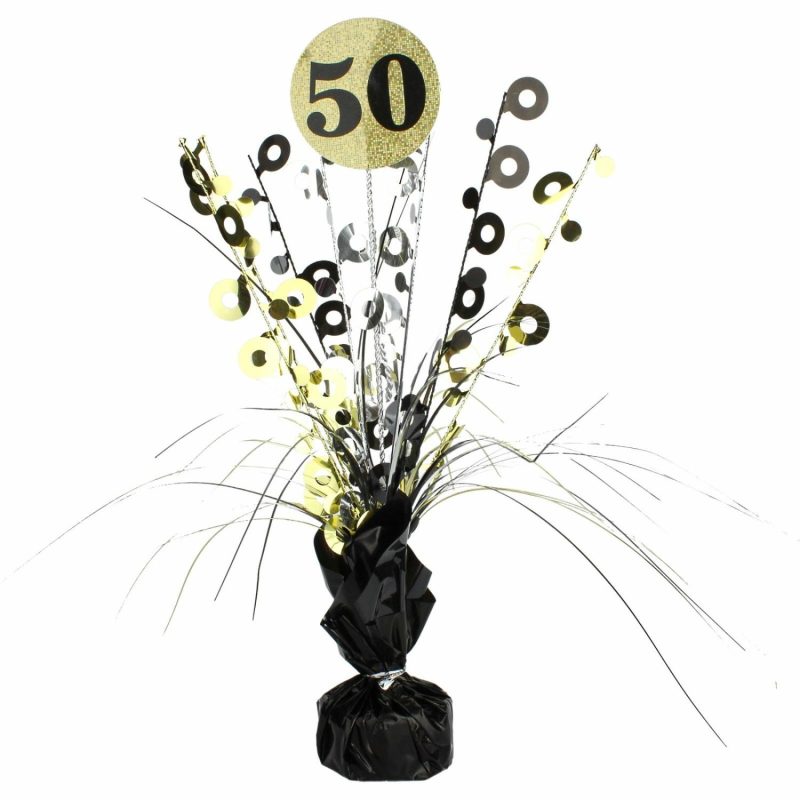 Weights, Sticks & Accessories | Prismatic Black And Gold 50Th Birthday Spray Centrepiece Balloons Weights, Sticks & Accessories