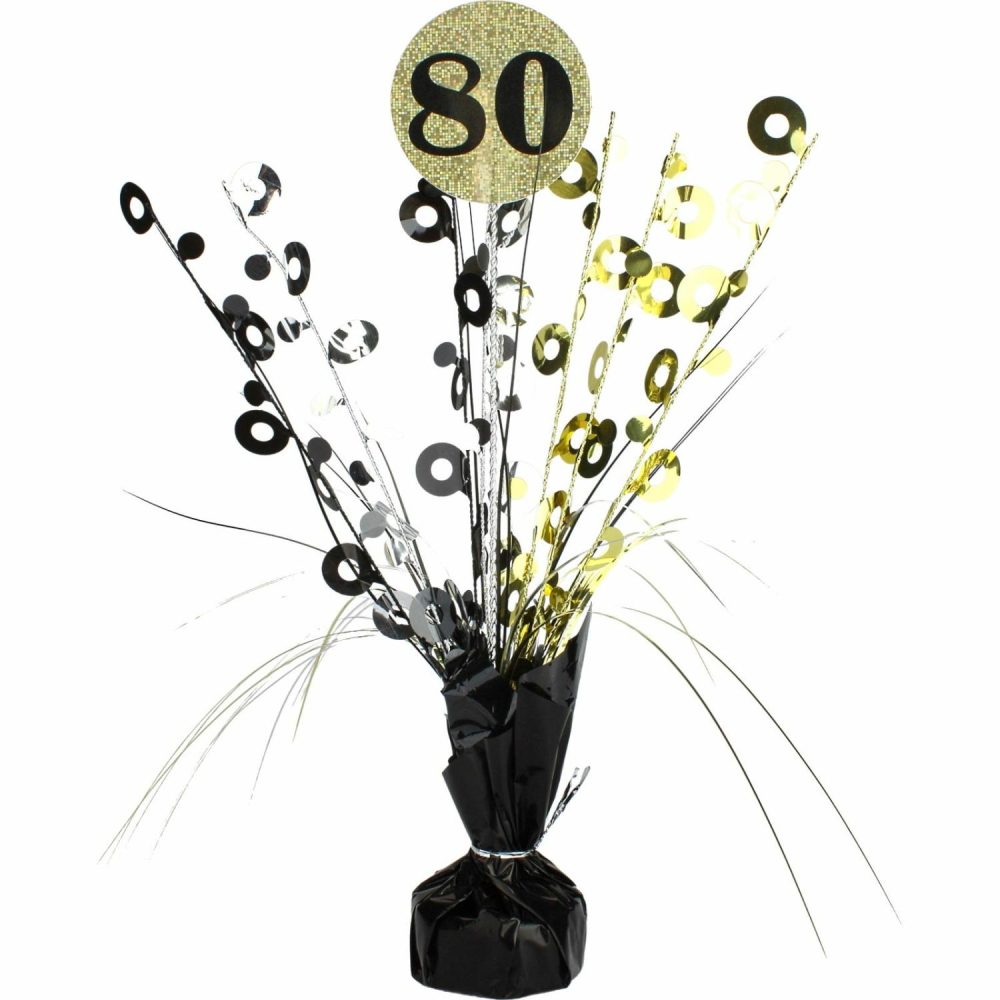 Weights, Sticks & Accessories | Prismatic Black And Gold 80Th Birthday Spray Centrepiece Balloons Weights, Sticks & Accessories