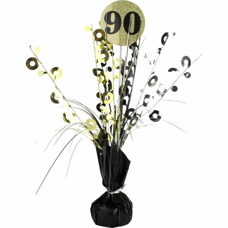 Weights, Sticks & Accessories | Prismatic Black And Gold 90Th Birthday Spray Centrepiece Balloons Weights, Sticks & Accessories