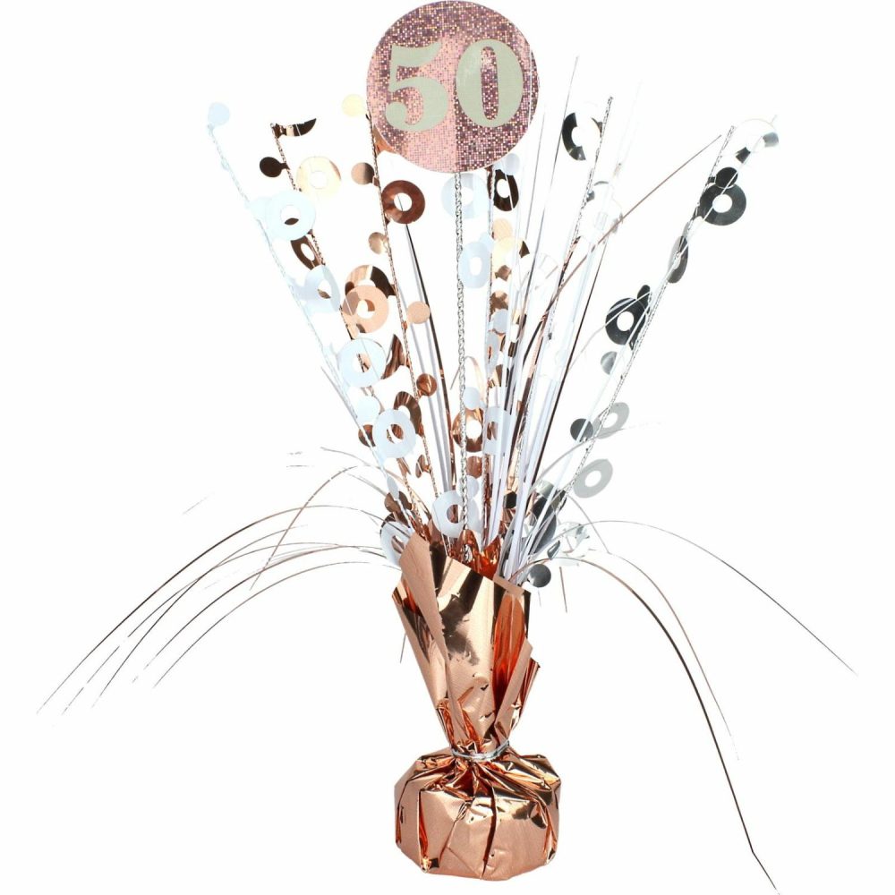 Weights, Sticks & Accessories | Prismatic Rose Gold And White 50Th Birthday Spray Centrepiece Balloons Weights, Sticks & Accessories