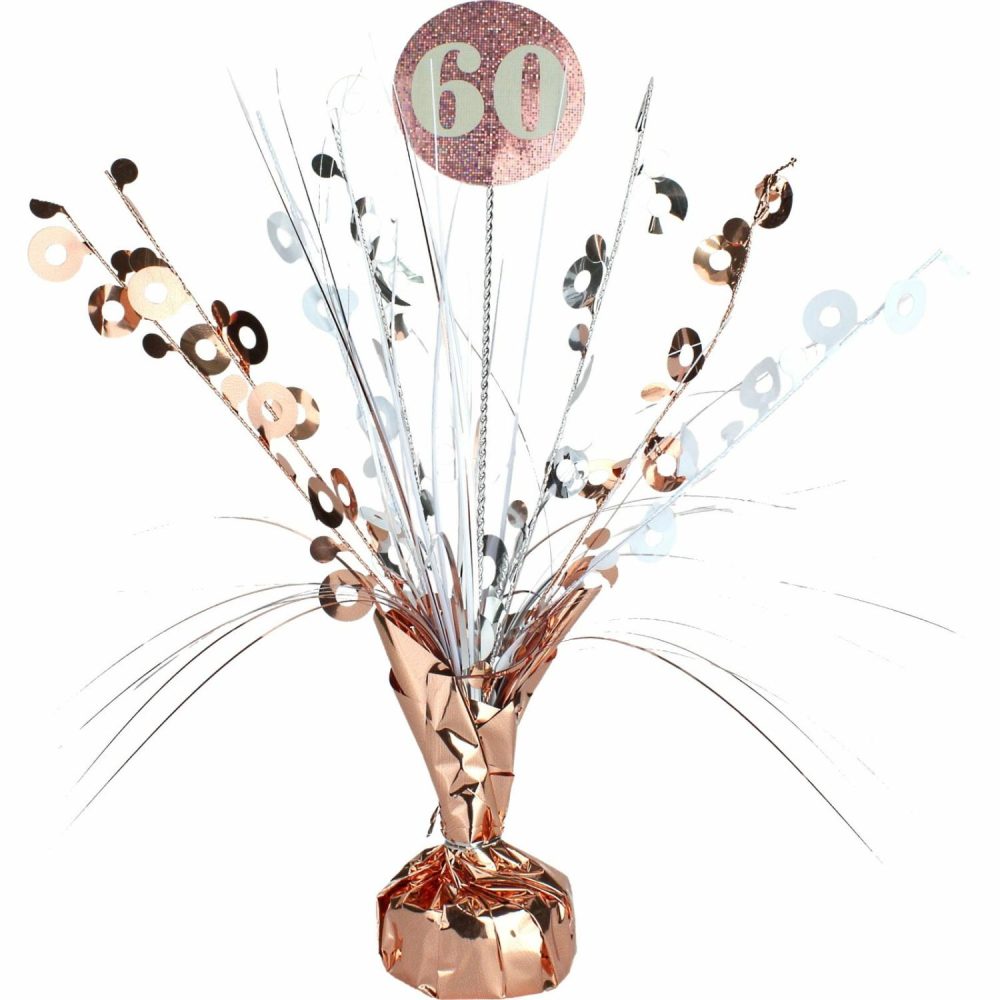 Weights, Sticks & Accessories | Prismatic Rose Gold And White 60Th Birthday Spray Centrepiece Balloons Weights, Sticks & Accessories