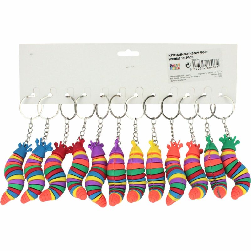 Party Bag Fillers | Rainbow Worm Fidget Keyrings (Pack Of 12) Gifts Party Bag Fillers