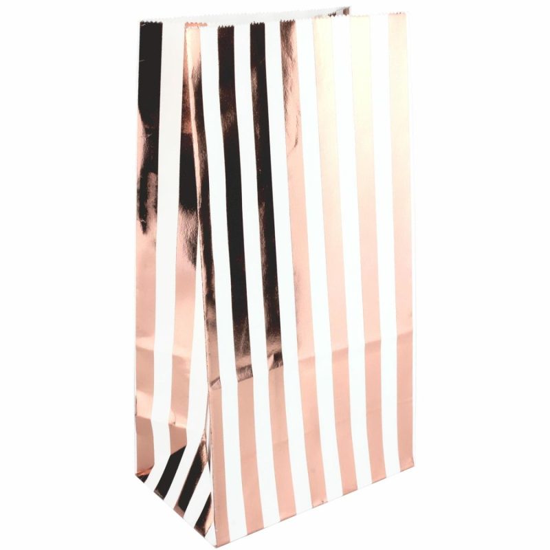 Party Bags | Rose Gold And White Stripe Paper Party Bags (Pack Of 6) Gifts Party Bags