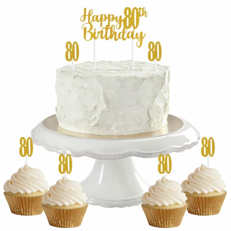 Cake & Cupcake Toppers | Gold Happy 80Th Birthday With 80’s Cake Toppers (Pack Of 7) Baking & Cake Decorating Cake & Cupcake Toppers