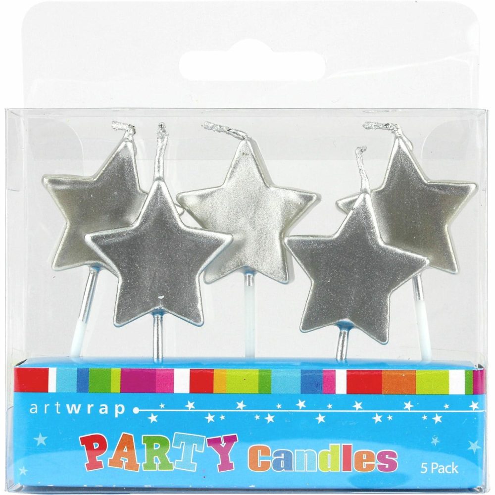 Candles | Metallic Silver Star Candles (Pack Of 5) Baking & Cake Decorating Candles