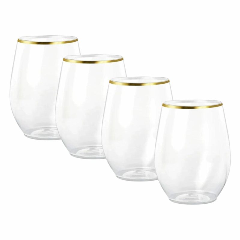 Cups & Glasses | Gold Trim Plastic Stemless Wine Glasses 350Ml (Pack Of 4) Catering & Kitchen Cups & Glasses