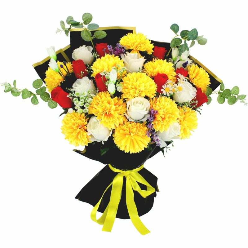 Artificial Plants & Flowers | Artificial Mixed Roses, Daisies & Yellow Marigolds Floral Bouquet Artificial Plants & Flowers Artificial Plants & Flowers